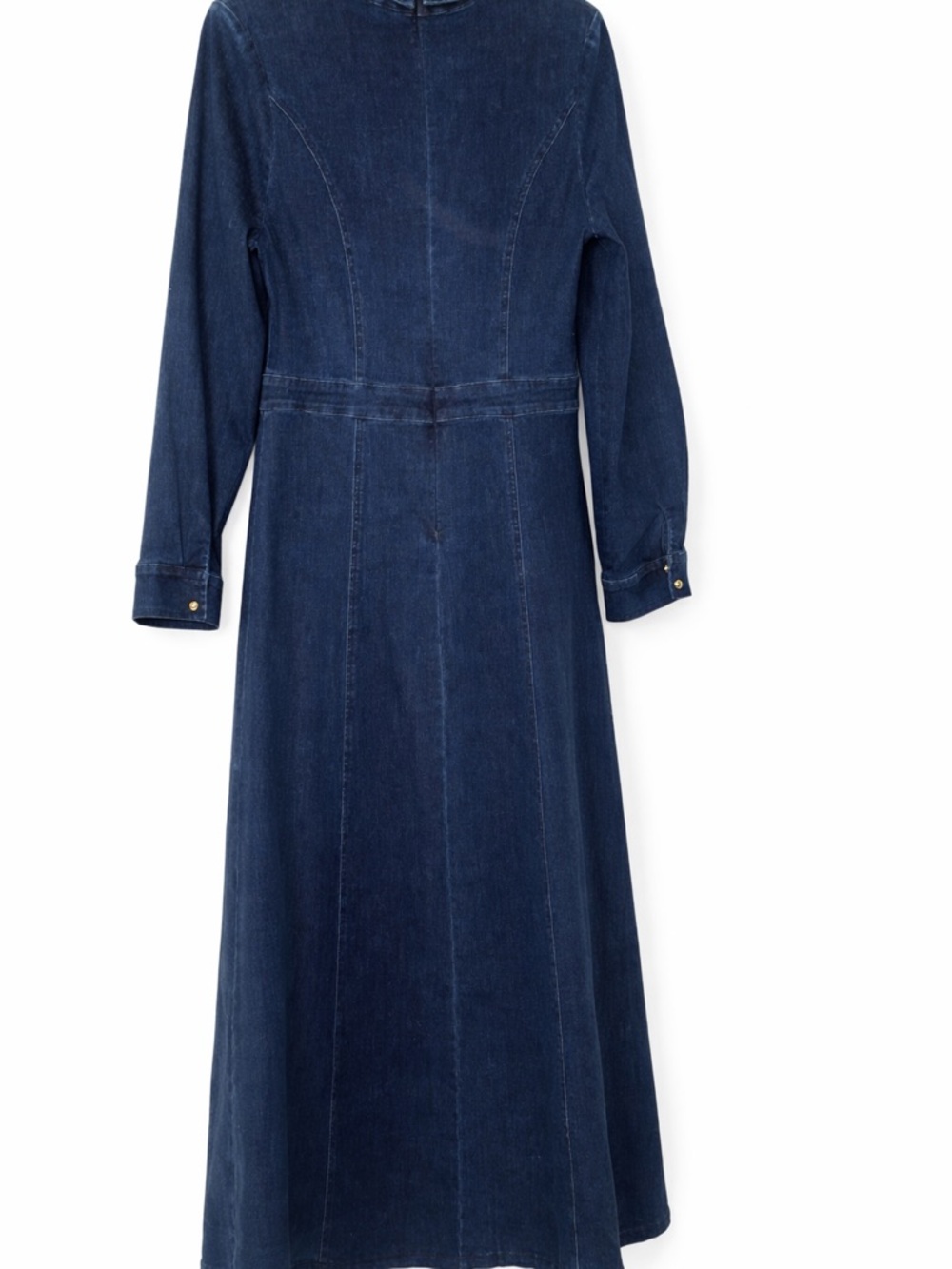 Indigo Denim Maxi Dress w/ Gold Buttons | Tailored Fit | Chic Luxe - Picture 10 of 16